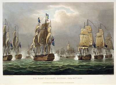 عمل السير روبرت كالدر ، 22 يوليو 1805 ، محفور من قبل توماس ساذرلاند من أجل الإنجازات البحرية لـ Jenkins ، 1816 (نقش الألوان) بواسطة توماس ويتكومب